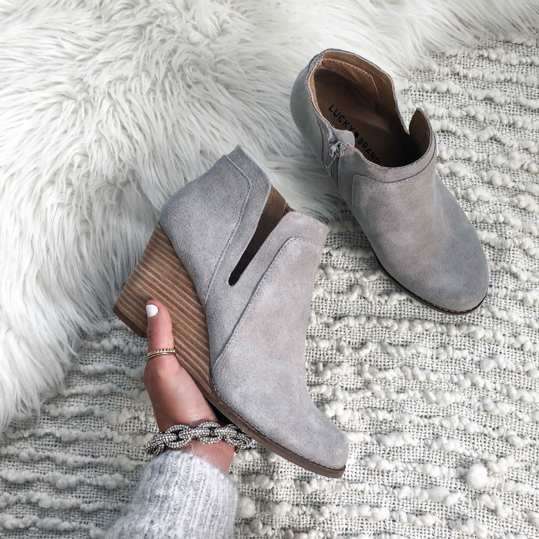 Blogger Sarah Lindner of The House of Sequins instagram round-up of #nsale shoes. Yabba Wedge Bootie LUCKY BRAND