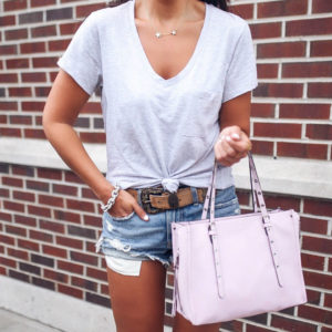 Blogger Sarah Lindner of The House of Sequins wearing target wedge sandals, abercrombie and fitch gray vneck boyfriend tee, abercrombie and fitch distressed shorts and henri bendel bag. What to wear to 7-11
