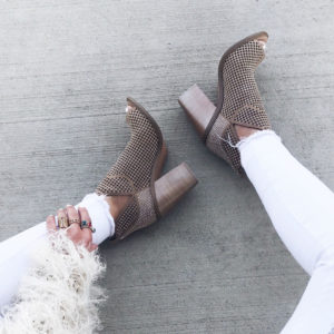 Blogger Sarah Lindner of The House of Sequins wearing Vince Camuto Kimmini Open Toe Studded Bootie