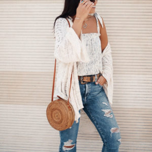 Blogger Sarah Lindner of The House of Sequins wearing free people knit cardigan and free people slinky tank top