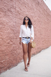 Blogger Sarah Lindner of The House of Sequins wearing Bella Dahl called the Hi-Lo Fray Hem Button Down, Tory Burch Brown Miller Sandals, Double G Gucci Leather belt and One teaspoon bandit shorts