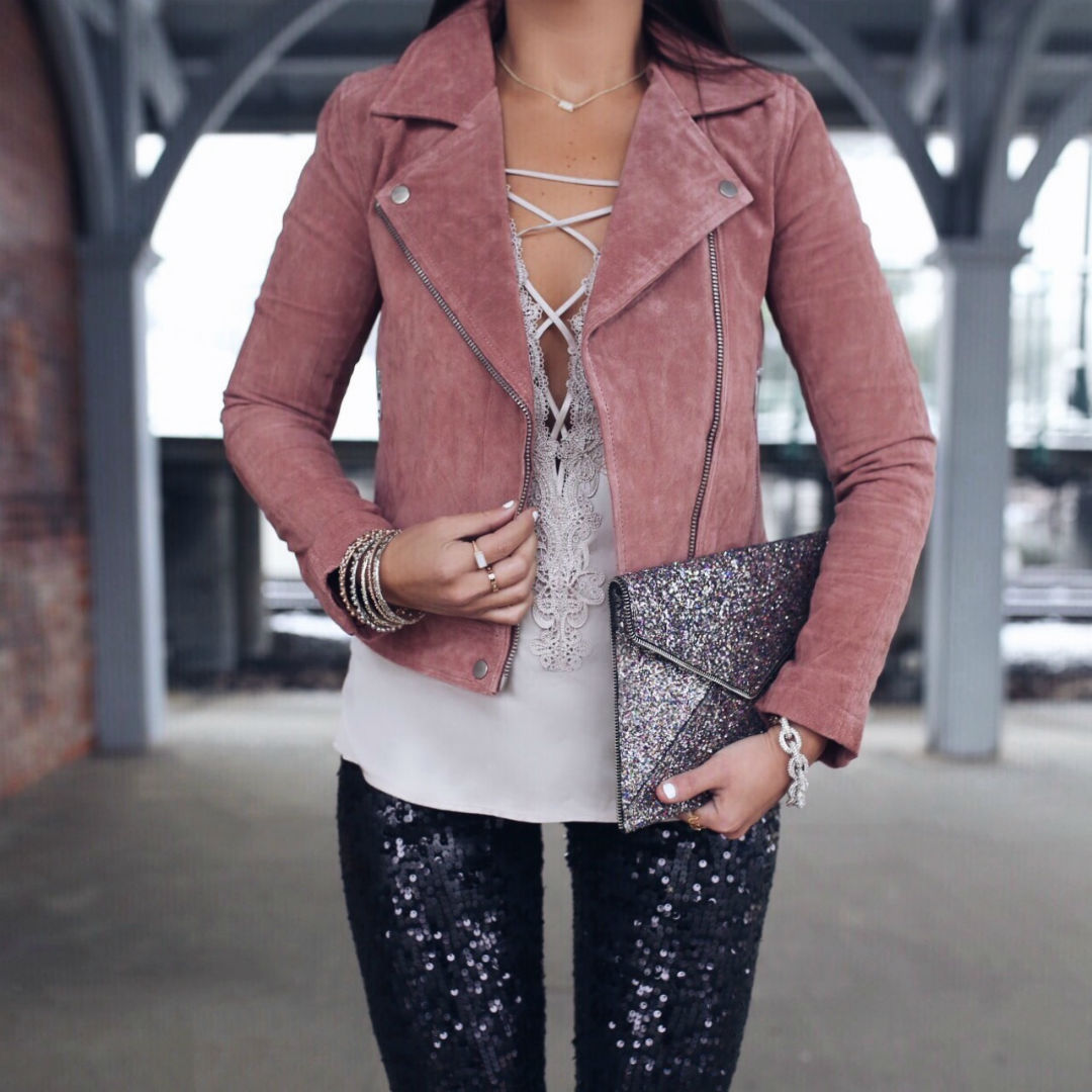 Blogger Sarah Lindner of The House of Sequins wearing BLANKNYC Suede Moto Jacket