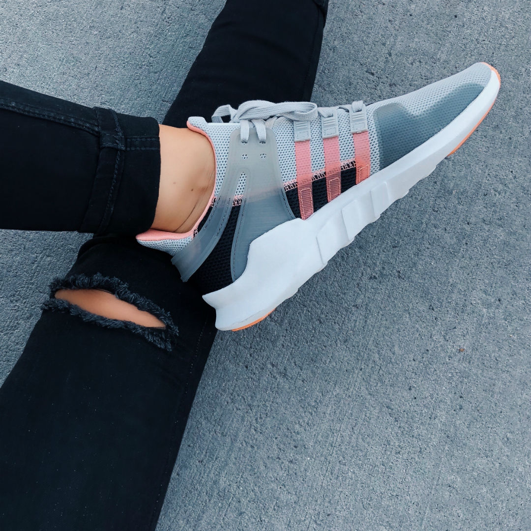 Blogger Sarah Lindner of The House of Sequins wearing Gray Adidas Original Trefoil Hoodie and Adidas EQT Support Adv Sneaker