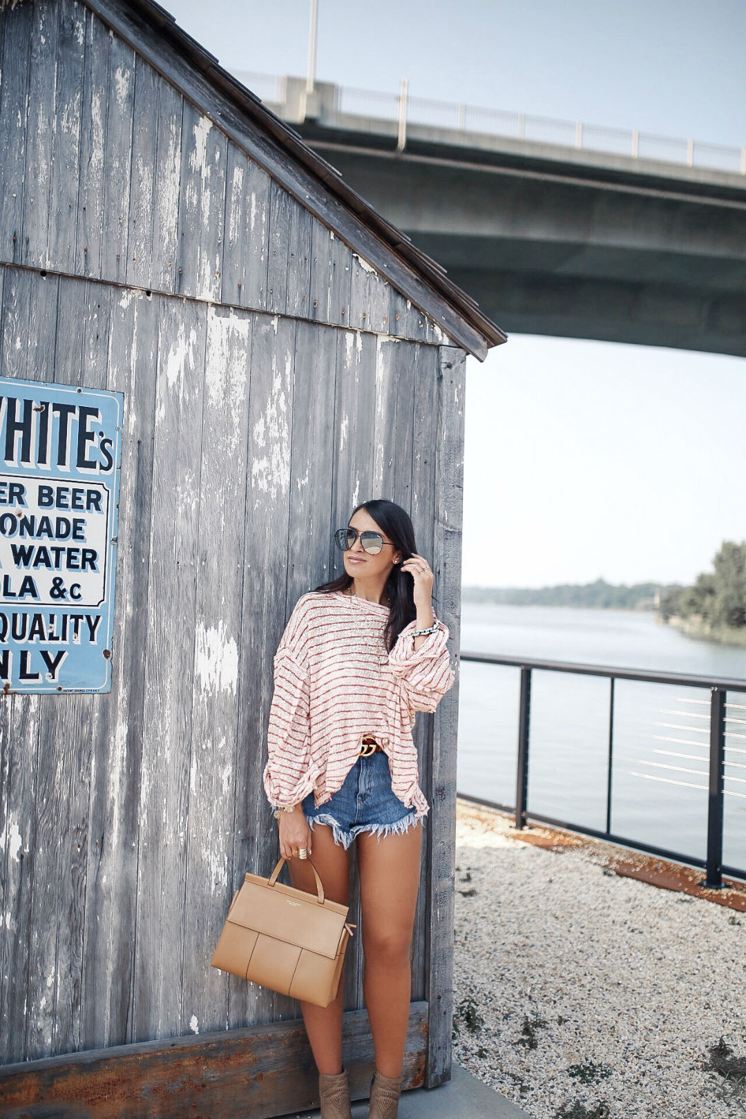 blogger Sarah Lindner of The House of Sequins wearing Free People Striped Island Girl Hacci Top and TopShop Kiri Fray Hem shorts