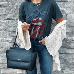 Blogger Sarah Lindner of The House of Sequins wearing free People Rolling Stones Tee shirt and Free people Kimono Cardigan