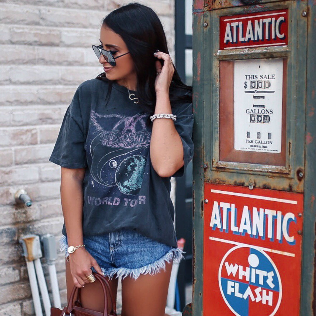 Blogger Sarah Lindner of The House of Sequins wearing Vintage Aerosmith Boyfriend Tee and Topshop shorts