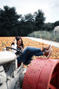 Blogger Sarah Lindner of The House of Sequins wearing ECCO SOFT 7 TRED GTX boots. What to wear pumpkin picking