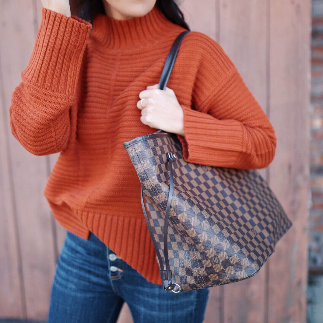 Blogger Sarah Lindner of The House of Sequins wearing topshop mock neck sweater, veronica beard debbie frayed crop skinny jeans, How to authenticate a Louis Vuitton Neverfull GM bag on eBay
