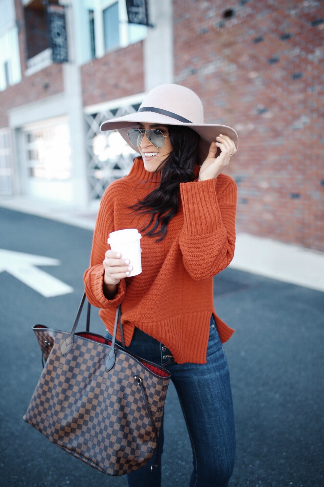 Blogger Sarah Lindner of The House of Sequins wearing topshop mock neck sweater, veronica beard debbie frayed crop skinny jeans, How to authenticate a Louis Vuitton Neverfull GM bag on eBay