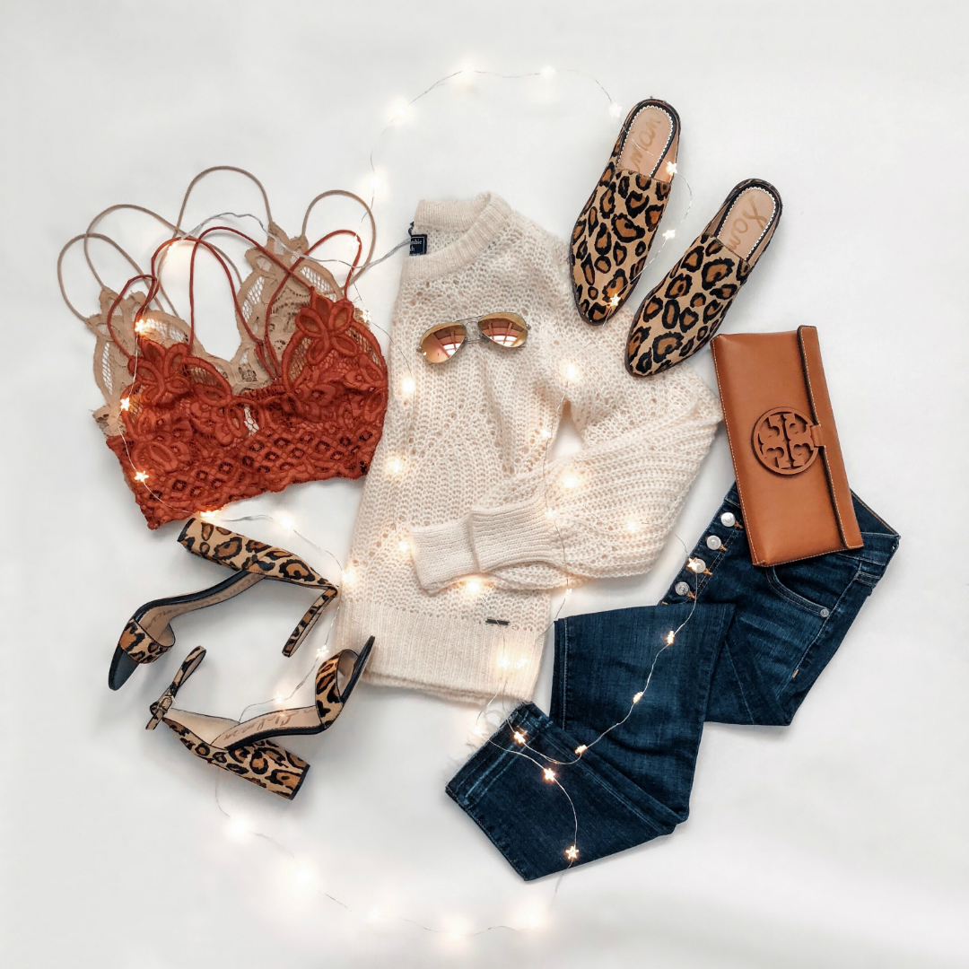Blogger Sarah Lindner of The House of Sequins Instagram Round-Up Free People One Adella Bralette, leopard print flats are these Sam Edelman Lewellyn slip ons, bercrombie & Fitch and it is their Lofty Puff Sleeve Sweater
