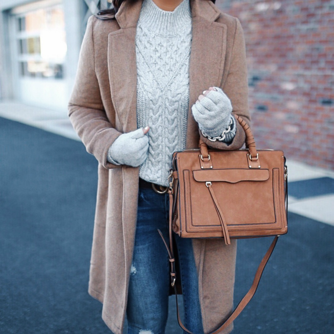 Blogger Sarah Lindner of The House of Sequins wearing Cupcakes and Cashmere and it is the Fayola Duster Coat, Abercrombie & Fitch and it is their Cable Mock Neck Sweater, Target Lilliana Faux Fur Lace Up Boots from Universal Thread