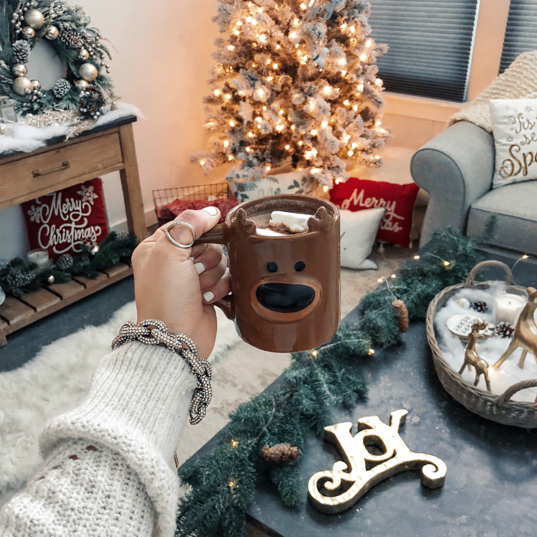Blogger Sarah Lindner of The House of Sequins Instagram Round-Up Target and it is the 9 Foot Prelit Artificial Christmas tree, ASOS reindeer mug, how to decorate for christmas