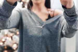 Blogger Sarah Lindner of The House of Sequins Wearing walmart Monogram Personalized 18kt Yellow Gold over Silver Script plate Necklace. Where to buy a nameplate necklace for under $25