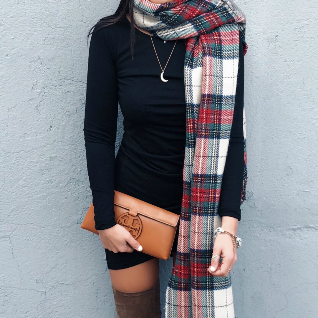 Blogger Sarah Lindner of The House of Sequins Instagram wearing Ruched Long Sleeve Dress from Leith, Abercrombie & Fitch plaid scarf and black over the knee boots