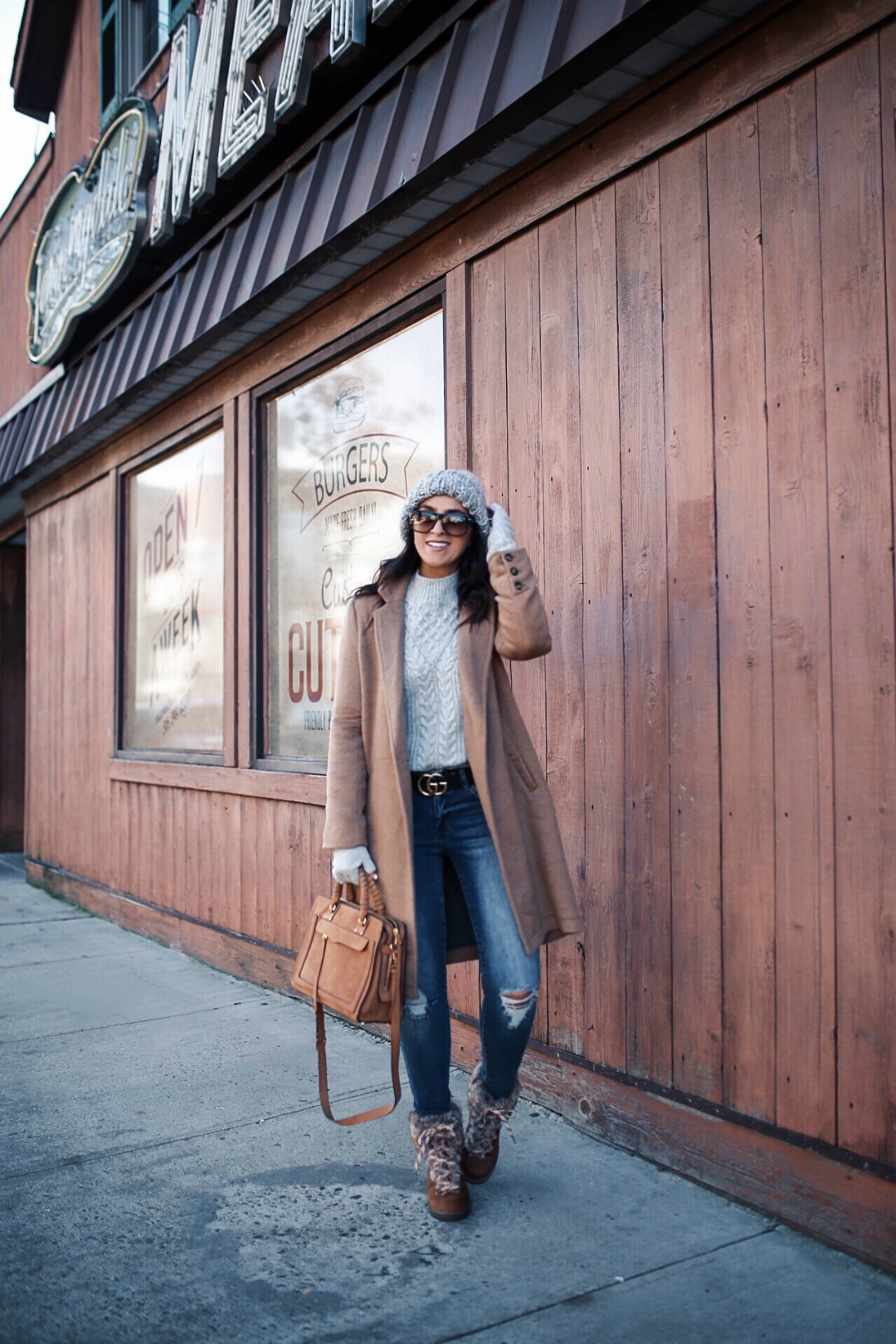 Blogger Sarah Lindner of The House of Sequins wearing Cupcakes and Cashmere and it is the Fayola Duster Coat, Abercrombie & Fitch and it is their Cable Mock Neck Sweater, Target Lilliana Faux Fur Lace Up Boots from Universal Thread