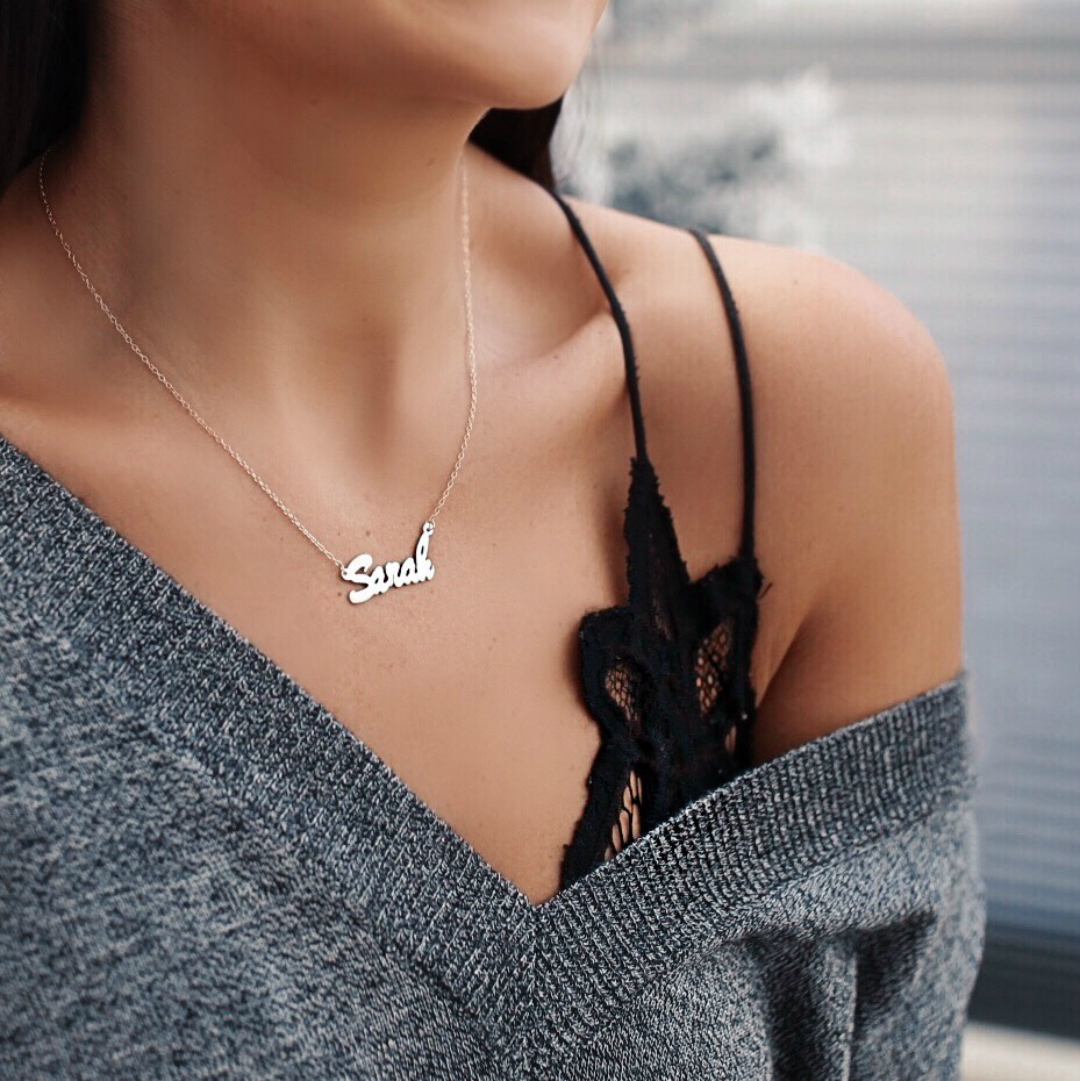 Blogger Sarah Lindner of The House of Sequins Wearing walmart Monogram Personalized 18kt Yellow Gold over Silver Script plate Necklace. Where to buy a nameplate necklace for under $25