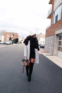 Blogger Sarah Lindner of The House of Sequins Wearing Leith Ruched Long Sleeve Dress, black over the knee boots, COLE HAAN SIGNATURE Hooded Bouclé Coat, ugg gloves. One item you need from Nordstrom for cyber Monday under $50.