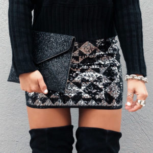 Blogger Sarah Lindner of The House of Sequins wearing Express Geometric Sequin Mini Skirt. What to wear for the holidays and New Years with express