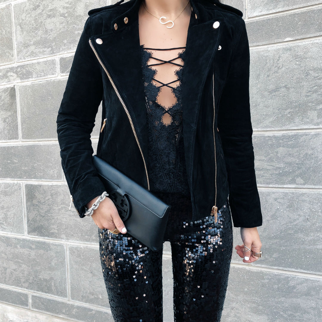 Blogger Sarah Lindner of The House of Sequins wearing High Waisted Velvet Sequin Leggings. What to wear for the holidays and New Years with express