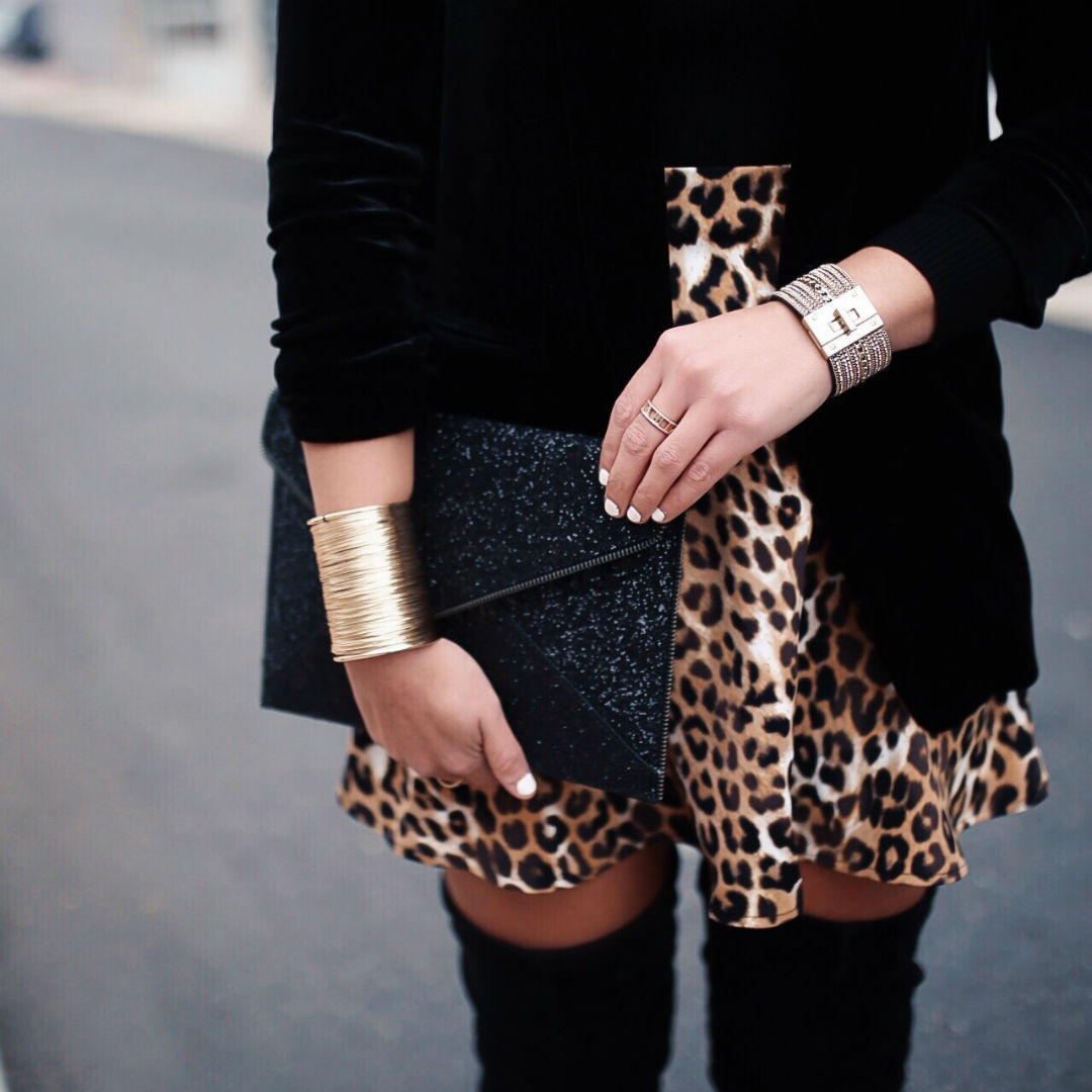 Blogger Sarah Lindner of The House of Sequins wearing Express High Waisted Leopard Mini Skirt. What to wear for the holidays and New Years with express