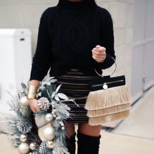 Blogger Sarah Lindner of The House of Sequins wearing Express High Waisted Metallic Knit Mini Skirt. What to wear for the holidays and New Years with express
