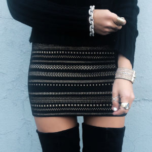 Blogger Sarah Lindner of The House of Sequins wearing Express High Waisted Metallic Knit Mini Skirt. What to wear for the holidays and New Years with express