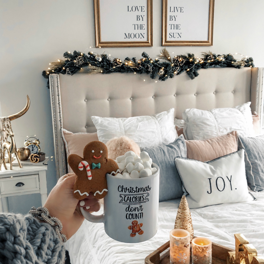 Blogger Sarah Lindner of The House of Sequins Christmas bedroom decoration inspiration. Christmas Calories Don’t Count mug.