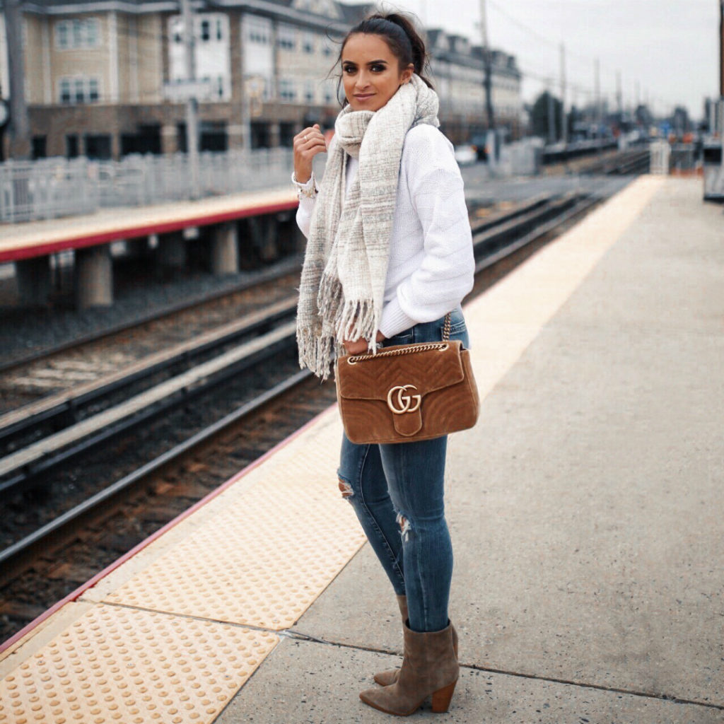 Blogger Sarah Lindner of The House of Sequins wearing abercrombie & fitch cozy scarf, abercrombie & Fitch lace-up back sweater, marc fisher booties and a gucci bag