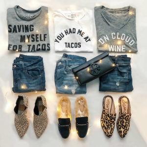 Blogger Sarah Lindner of The House of Sequins graphic tee flat lay. Target faux fur mules, dolce vita leopard booties, black tory burch clutch, retro brand tee on cloud wine. You had me at tacos tee. Saving myself for tacos tee