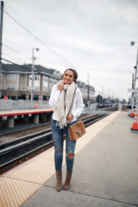 Blogger Sarah Lindner of The House of Sequins wearing abercrombie & fitch cozy scarf, abercrombie & Fitch lace-up back sweater, marc fisher booties and a gucci bag