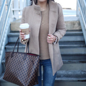 Blogger Sarah Lindner of The House of Sequins wearing J.Crew and it is their Oversized crewneck sweater, One Teaspoon Freebirds High Waist Skinny Jeans, J.crew beige jacket, Louis Vuitton Damier Neverfull tote, and Christian Louboutin Leopard So Kate Heels