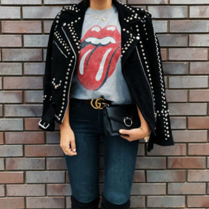 Blogger Sarah Lindner of The House of Sequins Wearing Free People Studded Easy Rider Jacket, Free People Stones ’89 Tee, Articles of society Sarah Skinny jeans