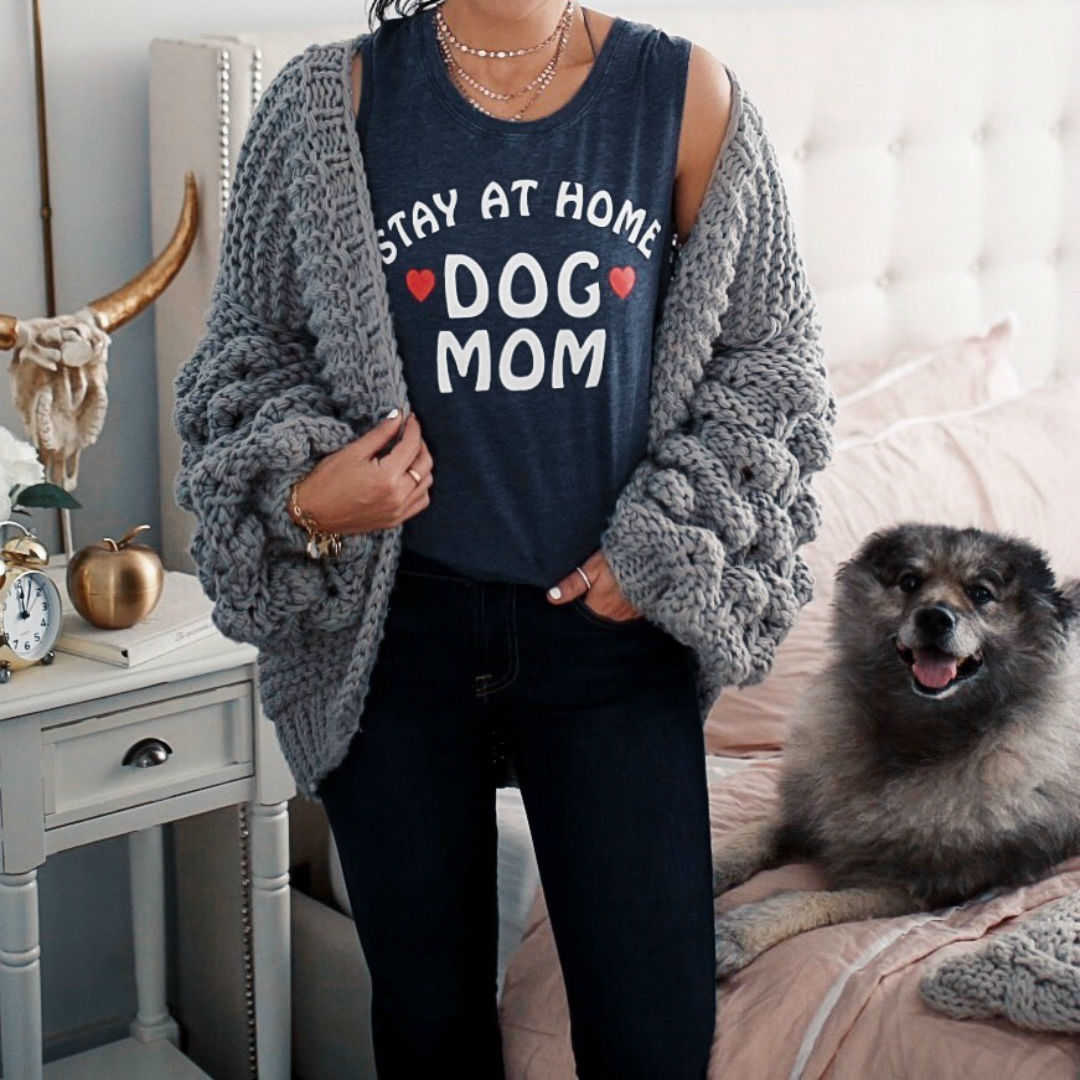 Blogger Sarah Lindner of The House of Sequins wearing chaser stay at home dog mom tee shirt