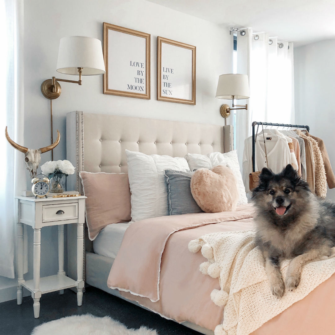 Blogger Sarah Lindner of The House of Sequins blush bedroom inspiration 