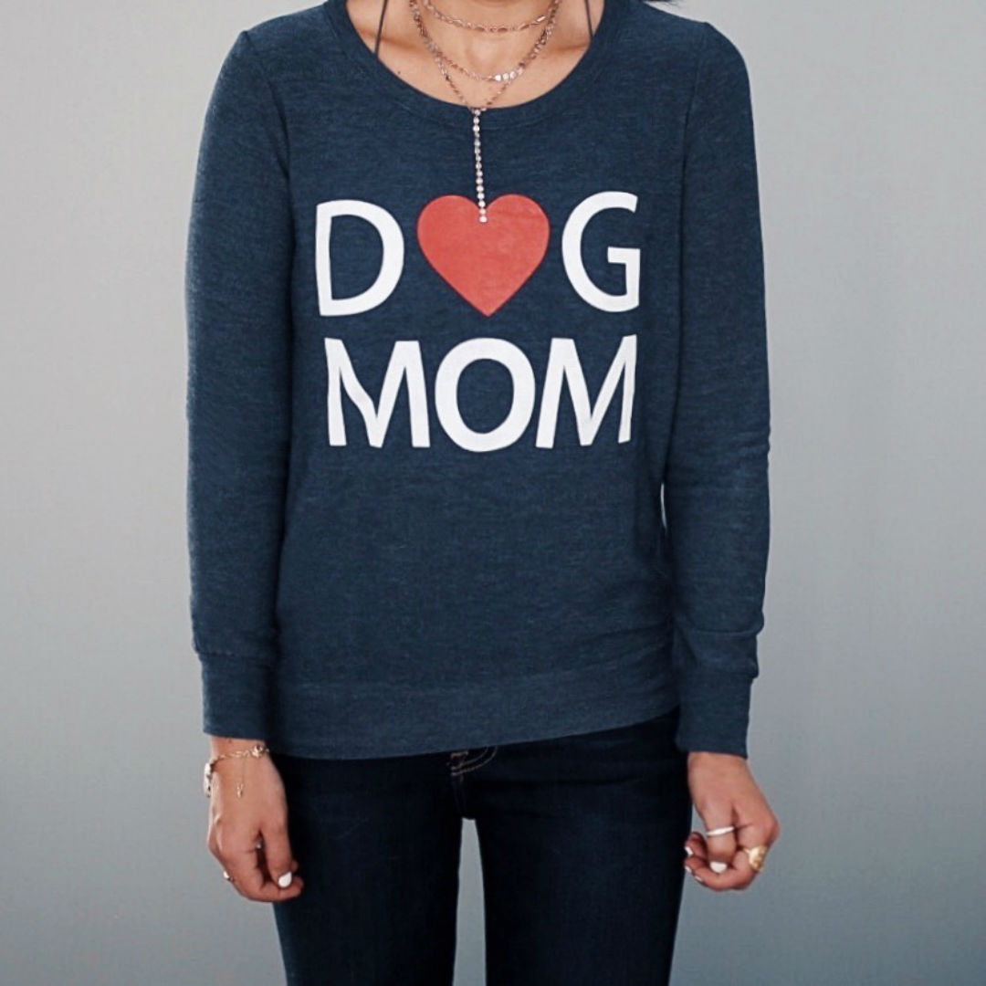 Blogger Sarah Lindner of The House of Sequins wearing chaser dog mom sweatshirt