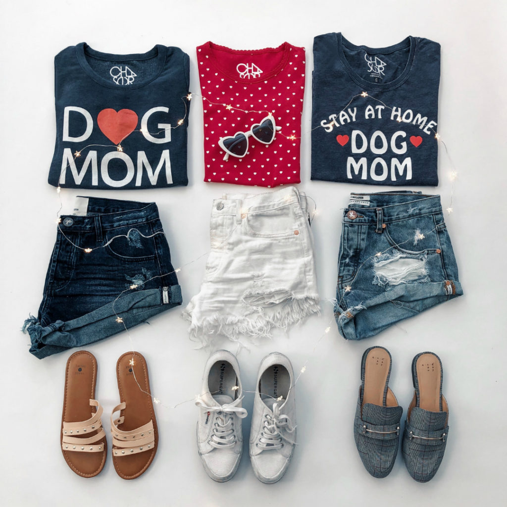 Blogger Sarah Lindner of The House of Sequins wearing chaser stay at home dog mom tee shirt, one teaspoon shorts, dog mom sweatshirt, superga sneakers