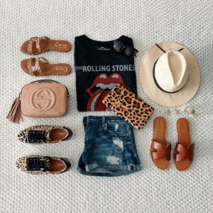 Blogger Sarah Lindner of The House of Sequins styles Target Rolling Stones tee, BlankNYC denim shorts with Gucci bag