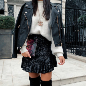 Blogger Sarah Lindner of The House of Sequins wearing Free People Trumpet Sequin Skirt, Reformation Finn Sweater, blankNYC black moto jacket, black over the knee boots and Rebecca Minkoff Leo Snake Embossed Leather Clutch