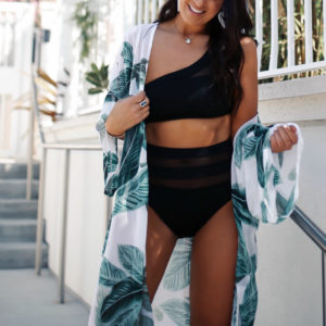 Blogger Sarah Lindner of The House of Sequins wearing 2 piece mesh black bikini from target, chiffon palm tree cover up. Must have black bikini from Target under $50