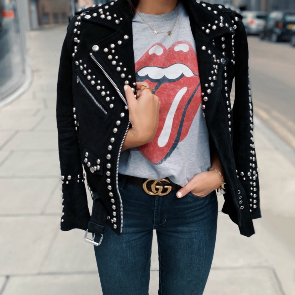 Blogger Sarah Lindner of The House of Sequins Wearing Free People Studded Easy Rider Jacket, Free People Stones ’89 Tee, Articles of society Sarah Skinny jeans