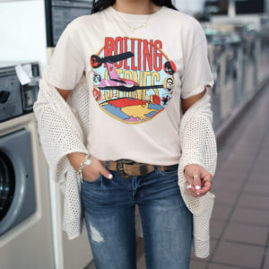 Blogger, Sarah Lindner of The House Of Sequins wearing Free People The Rolling Stones Around The World t-shirt