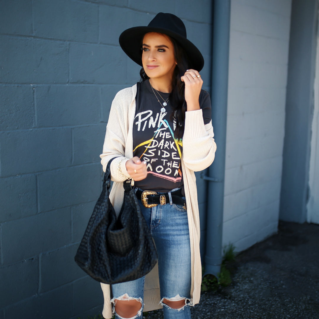 Blogger, Sarah Lindner of The House Of Sequins wearing a Pink Floyd Graphic T-shirt
