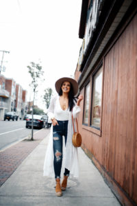 Blogger, Sarah Lindner of The House Of Sequins wearing Express x Rocky Barnes