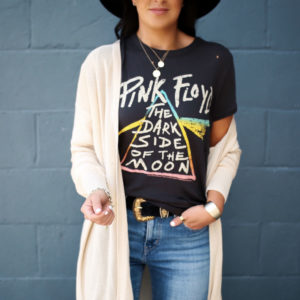 Blogger, Sarah Lindner of The House Of Sequins wearing a Pink Floyd Graphic T-shirt