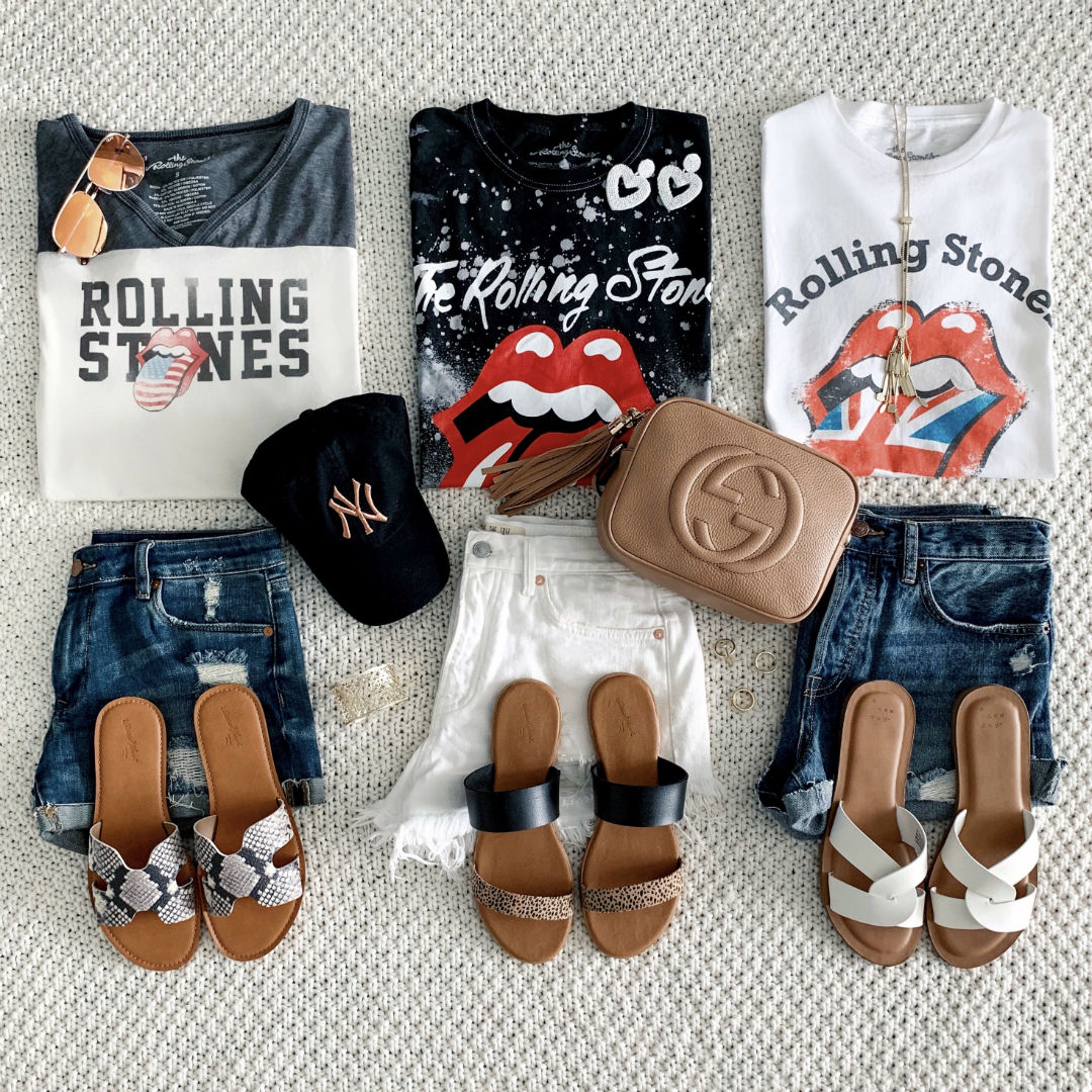 Blogger, Sarah Lindner of The House Of Sequins wearing graphic t-shirts, with denim shorts and summer sandals