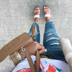 Blogger, Sarah Lindner of The House Of Sequins wearing summer sandals