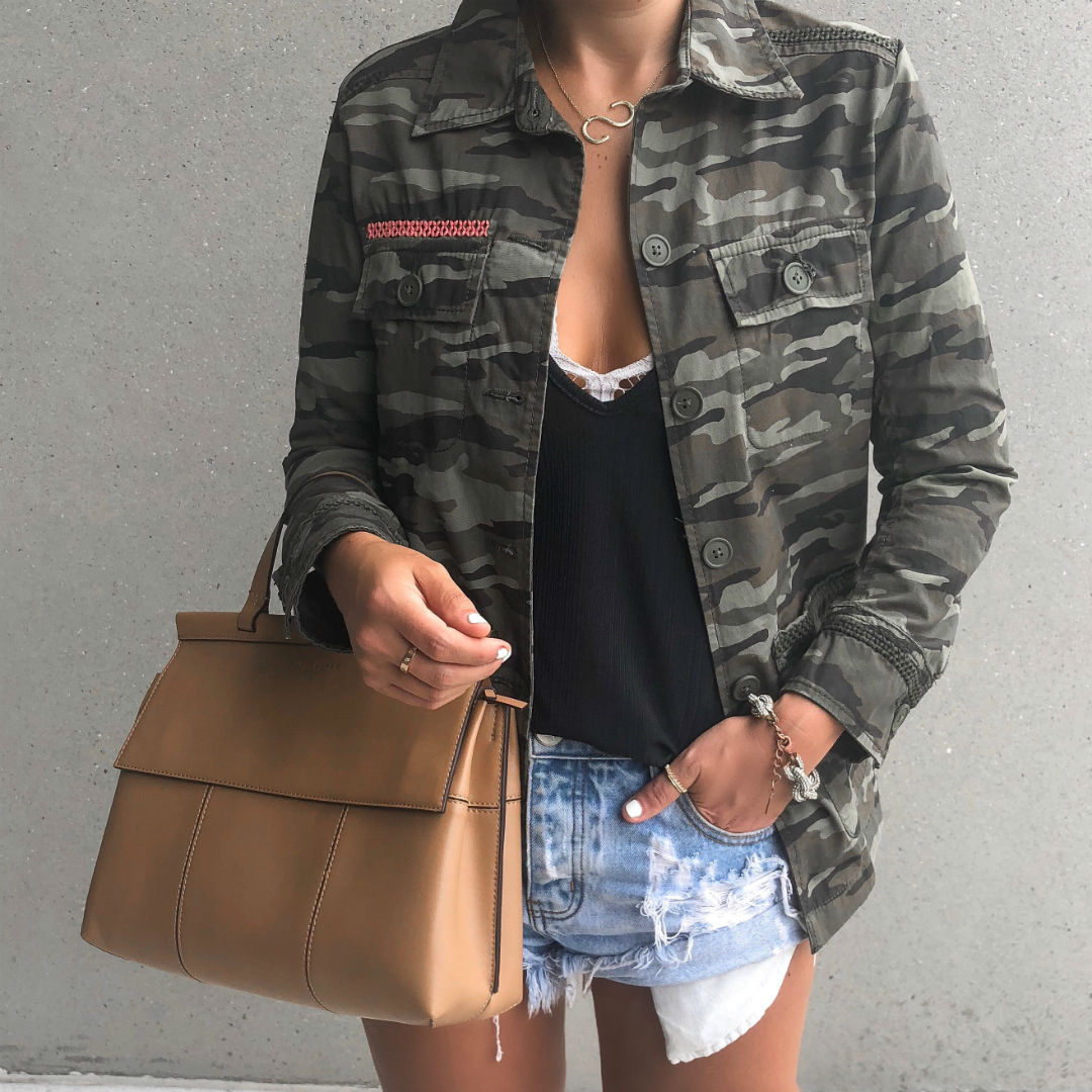 Blogger, Sarah Lindner of The House Of Sequins wearing a camo utility jacket with a cami and denim shorts