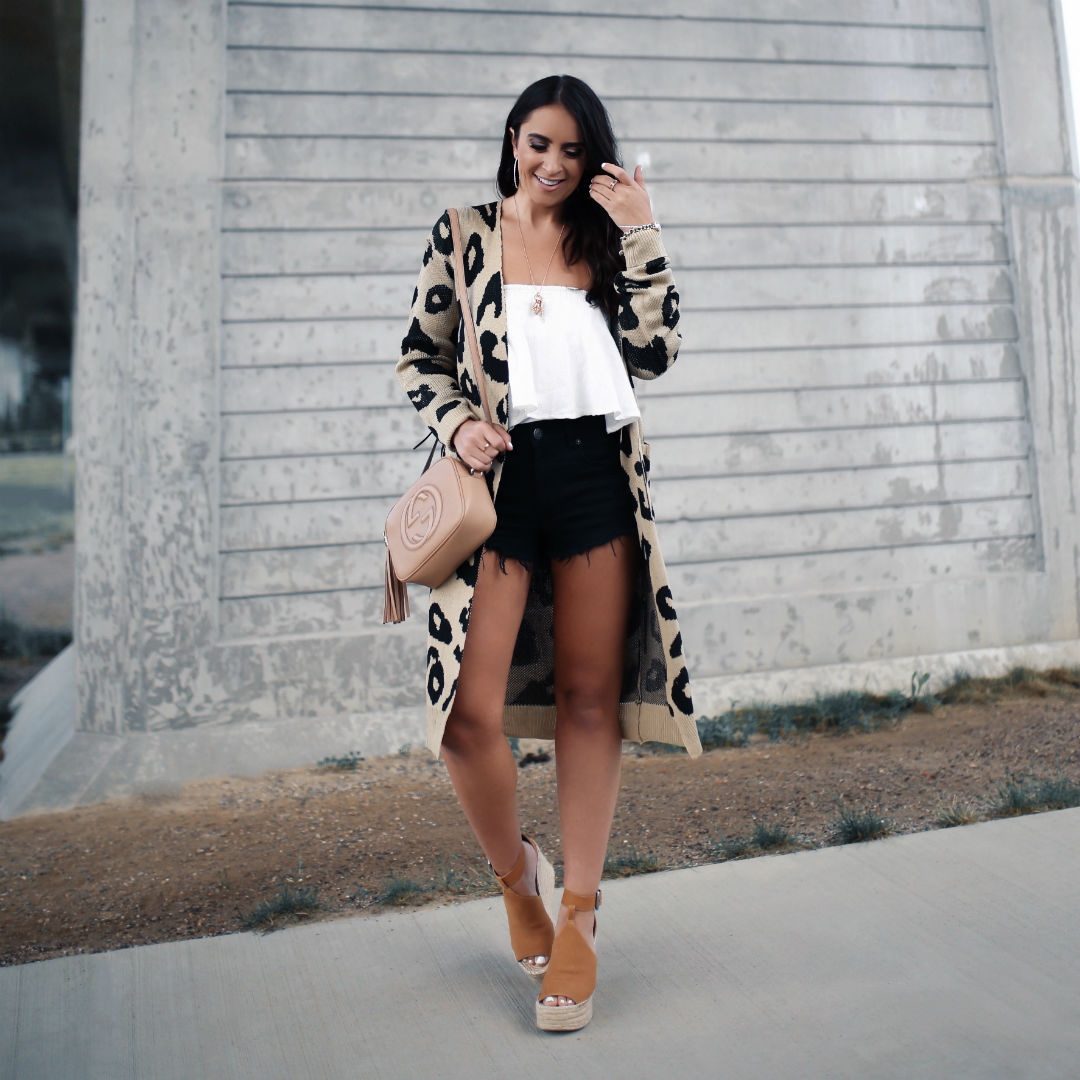 Blogger, Sarah Lindner of The House Of Sequins wearing an amazon leopard cardigan