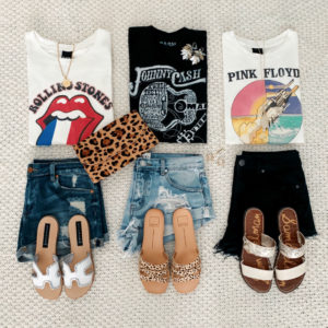 Blogger, Sarah Lindner of The House Of Sequins wearing Graphic t-shirts with denim shorts and sandals