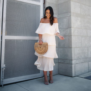Blogger, Sarah Lindner of The House Of Sequins wearing a strapless ruffle maxi dress from Amazon